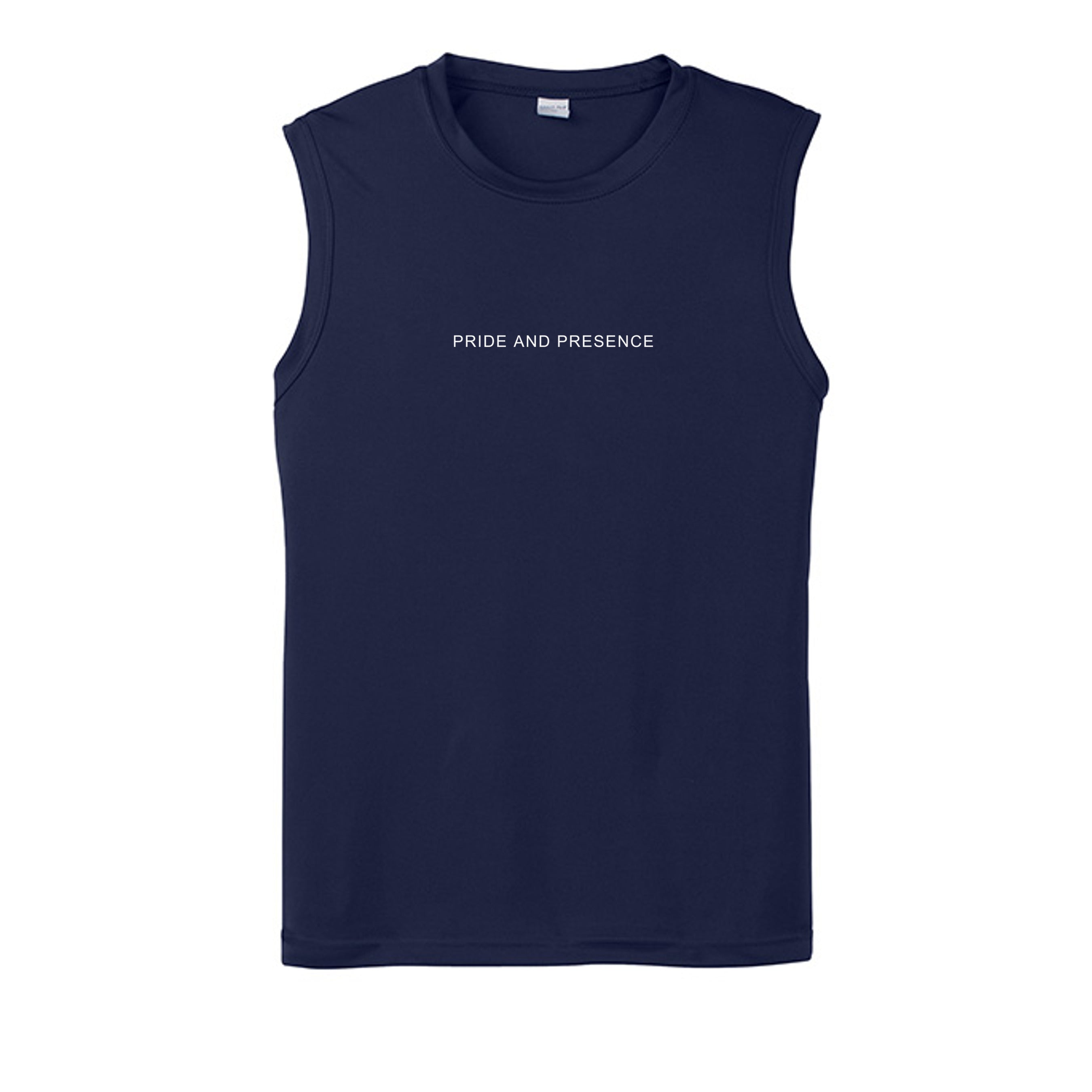 Black sleeveless t-shirt with minimalist white Pride and Presence text centered on the chest. - True Navy