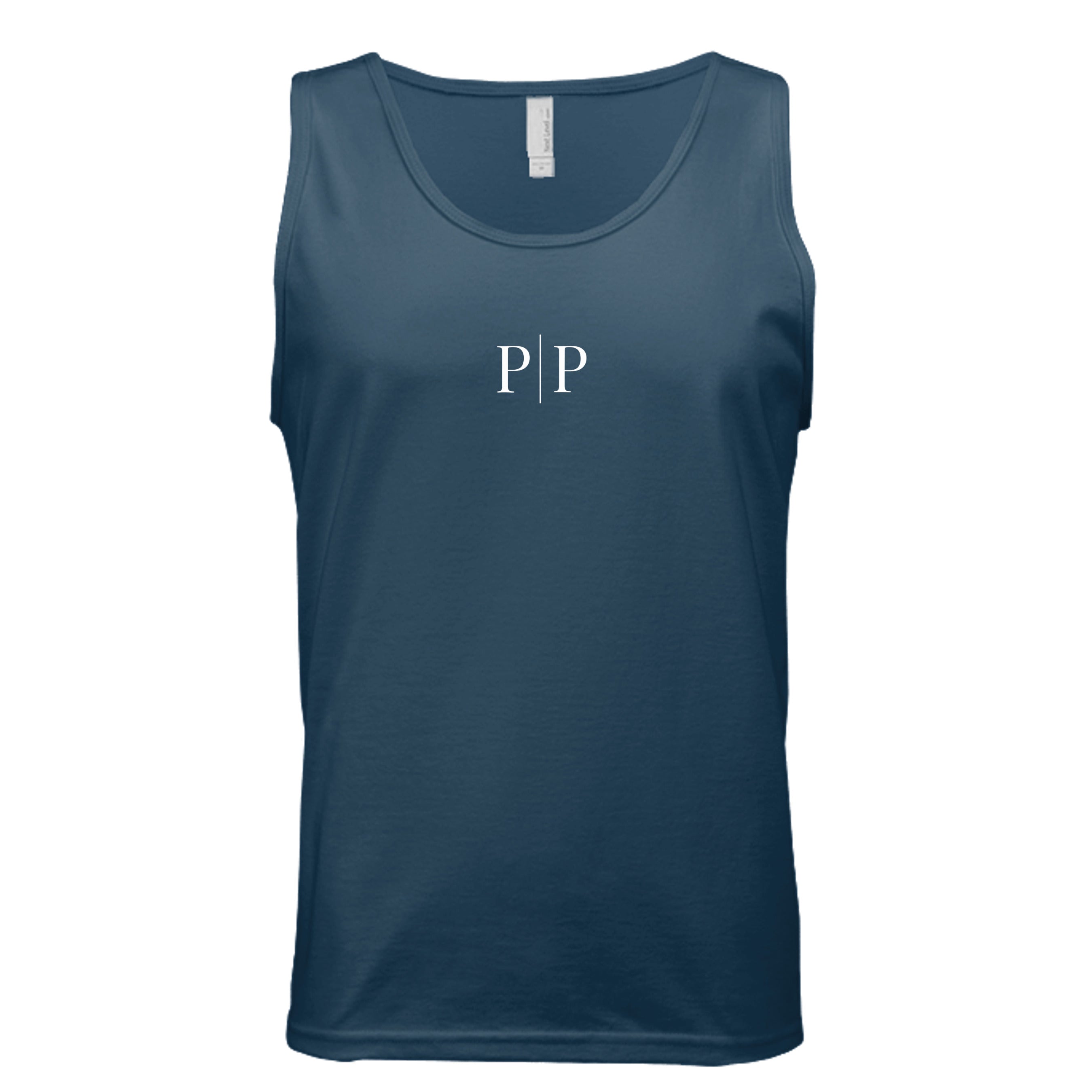 Pride and Presence minimalist P|P logo tank top design featuring white serif letters separated by a vertical line on a midnight navy background.