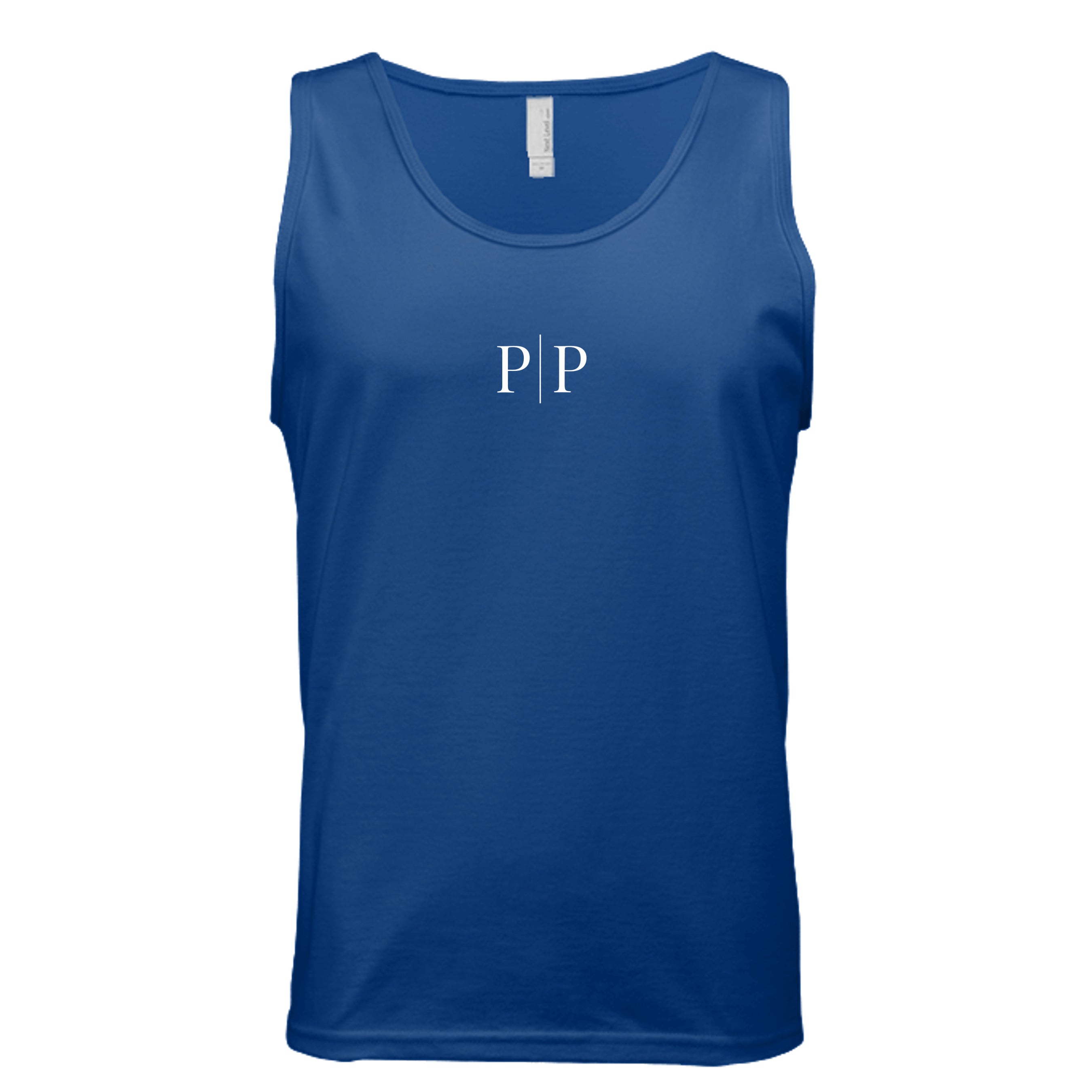 Pride and Presence minimalist P|P logo tank top design featuring white serif letters separated by a vertical line on a royal blue background.