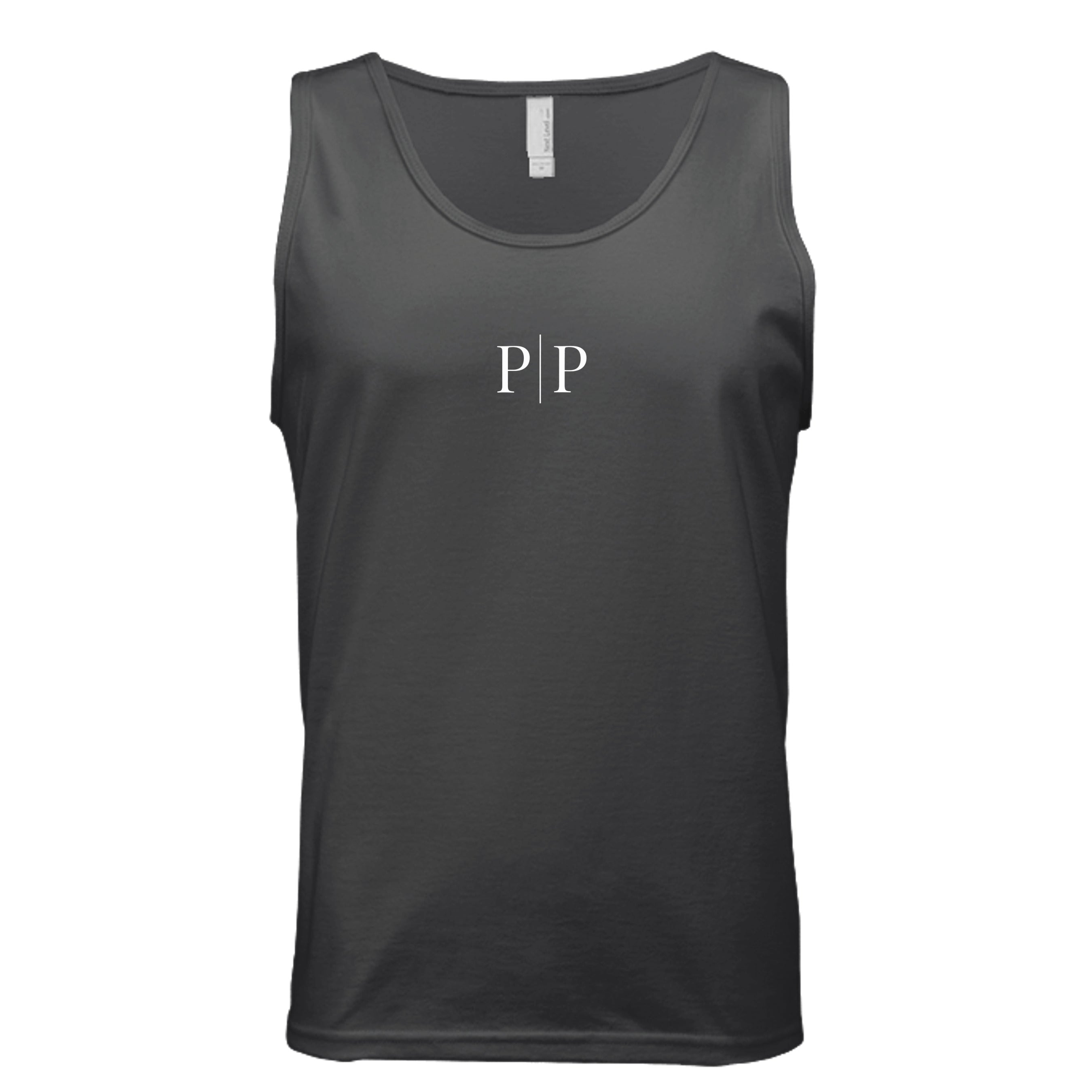 Pride and Presence minimalist P|P logo tank top design featuring white serif letters separated by a vertical line on a heavy metal background.